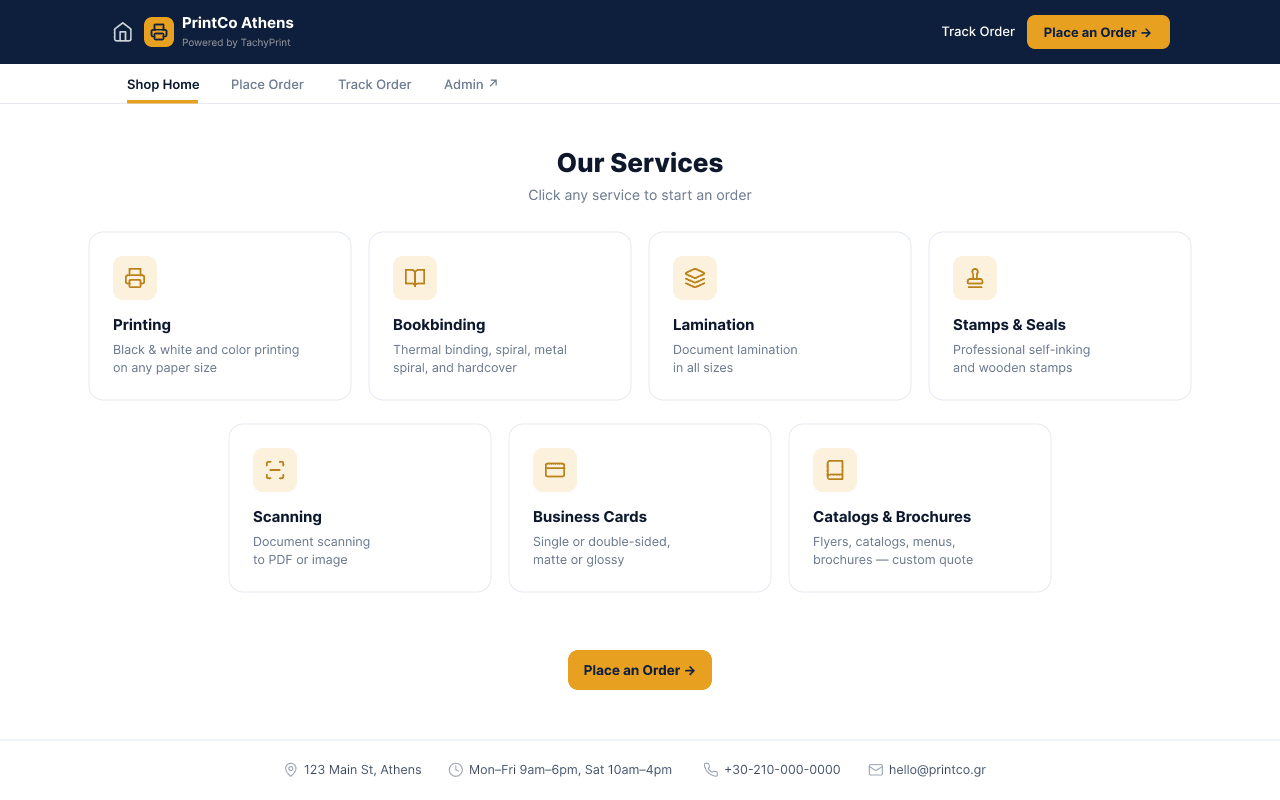Shop landing page with the full service catalogue